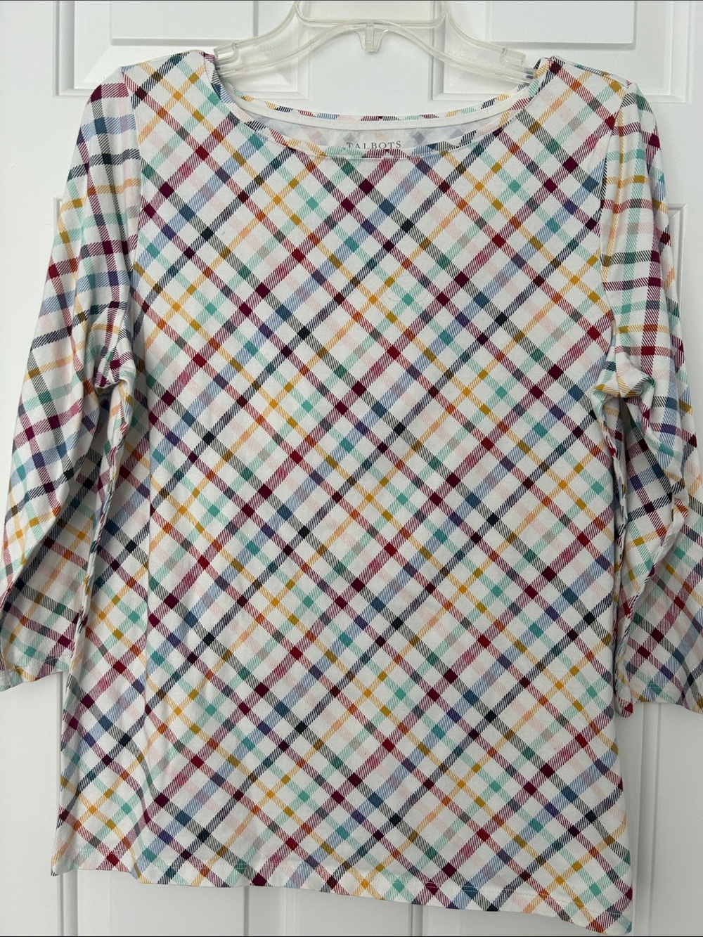 Talbots White Multicolor Plaid Boatneck Long Sleeve Top